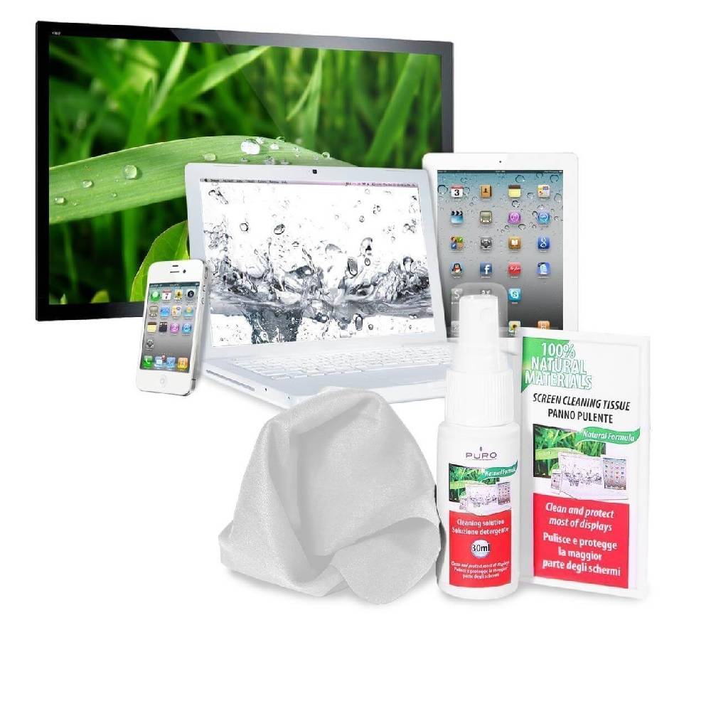 Puro Kit pulizia schermi Spray 30ml, panno microfibra e 10 salviette umidificate Black Friday