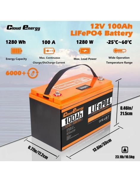 Cloudenergy 12V 100Ah LiFePO4 Battery Pack 1280Wh di energia 6000+ cicli BMS integrato 100A supporto serie/parallelo Acquista Ora