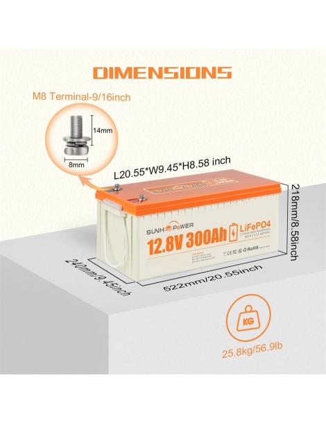 SUNHOOPOWER 12V 300Ah LiFePO4 Batteria energia 3840Wh BMS 200A integrato potenza di carico max. 2560W IP68 Outlet