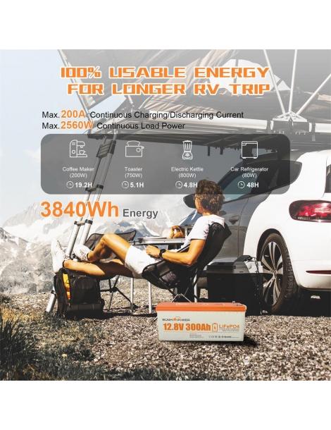 SUNHOOPOWER 12V 300Ah LiFePO4 Batteria energia 3840Wh BMS 200A integrato potenza di carico max. 2560W IP68 Outlet