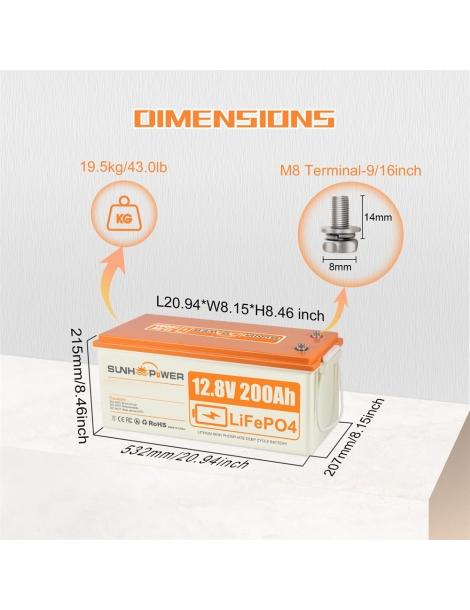 SUNHOOPOWER 12V 200Ah LiFePO4 Batteria energia 2560Wh BMS 100A integrato potenza di carico max. 1280W IP68 In Vendita