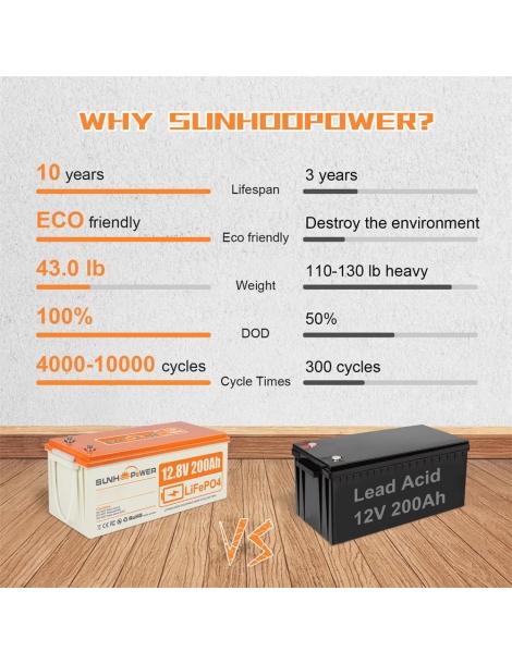 SUNHOOPOWER 12V 200Ah LiFePO4 Batteria energia 2560Wh BMS 100A integrato potenza di carico max. 1280W IP68 In Vendita