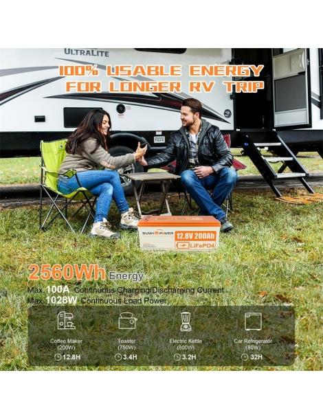 SUNHOOPOWER 12V 200Ah LiFePO4 Batteria energia 2560Wh BMS 100A integrato potenza di carico max. 1280W IP68 In Vendita