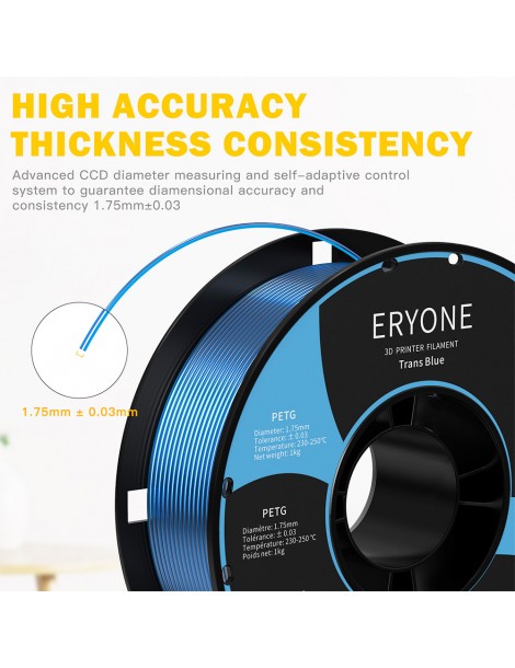 ERYONE PETG Filamento per stampante 3D 1 75mm Tolleranza 0 03mm 1KG(2.2LBS)/Spool - Blu trasparente Ultimi due giorni