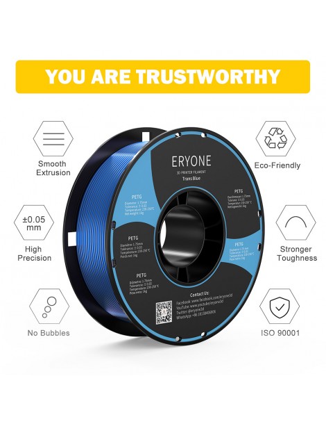 ERYONE PETG Filamento per stampante 3D 1 75mm Tolleranza 0 03mm 1KG(2.2LBS)/Spool - Blu trasparente Ultimi due giorni