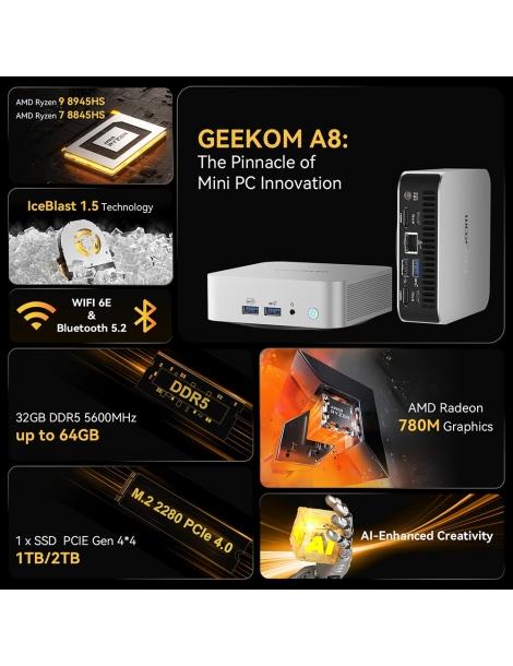GEEKOM A8 AI Mini PC AMD Ryzen 9 8945HS 8 Core Max 5.2GHz 32GB DDR5 RAM 2TB SSD Nuova