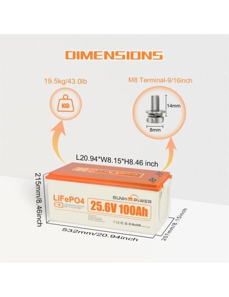SUNHOOPOWER 24V 100Ah LiFePO4 Batteria energia 2560Wh BMS 100A integrato potenza di carico max. 2560W IP68 In Linea