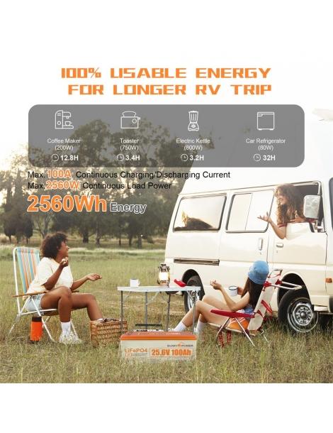 SUNHOOPOWER 24V 100Ah LiFePO4 Batteria energia 2560Wh BMS 100A integrato potenza di carico max. 2560W IP68 In Linea