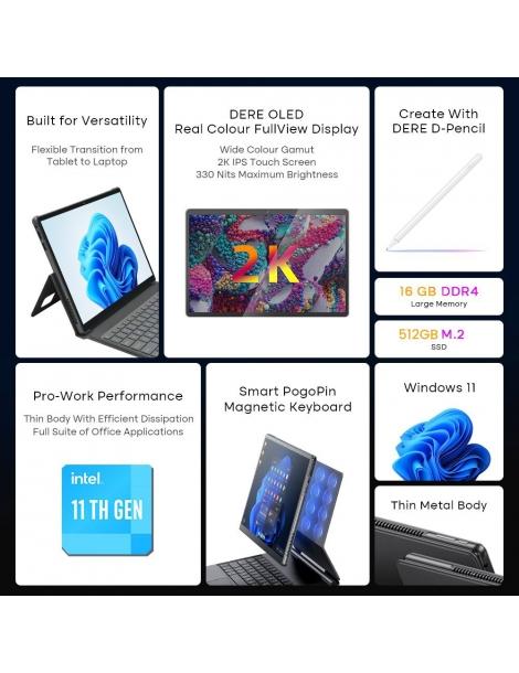 DERE T30 PRO 2-in-1 Laptop 13 pollici 2K IPS Touch Screen Tablet PC/Tastiera magica Penna stilo 16GB DDR4 512GB SSD - Verde Novità