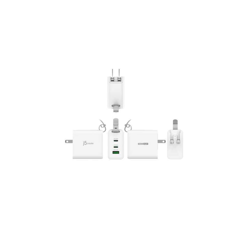 j5create 65W GaN USB-C 3-Port Traveler Charger with changeable AC plugs and USB-C cable Outlet