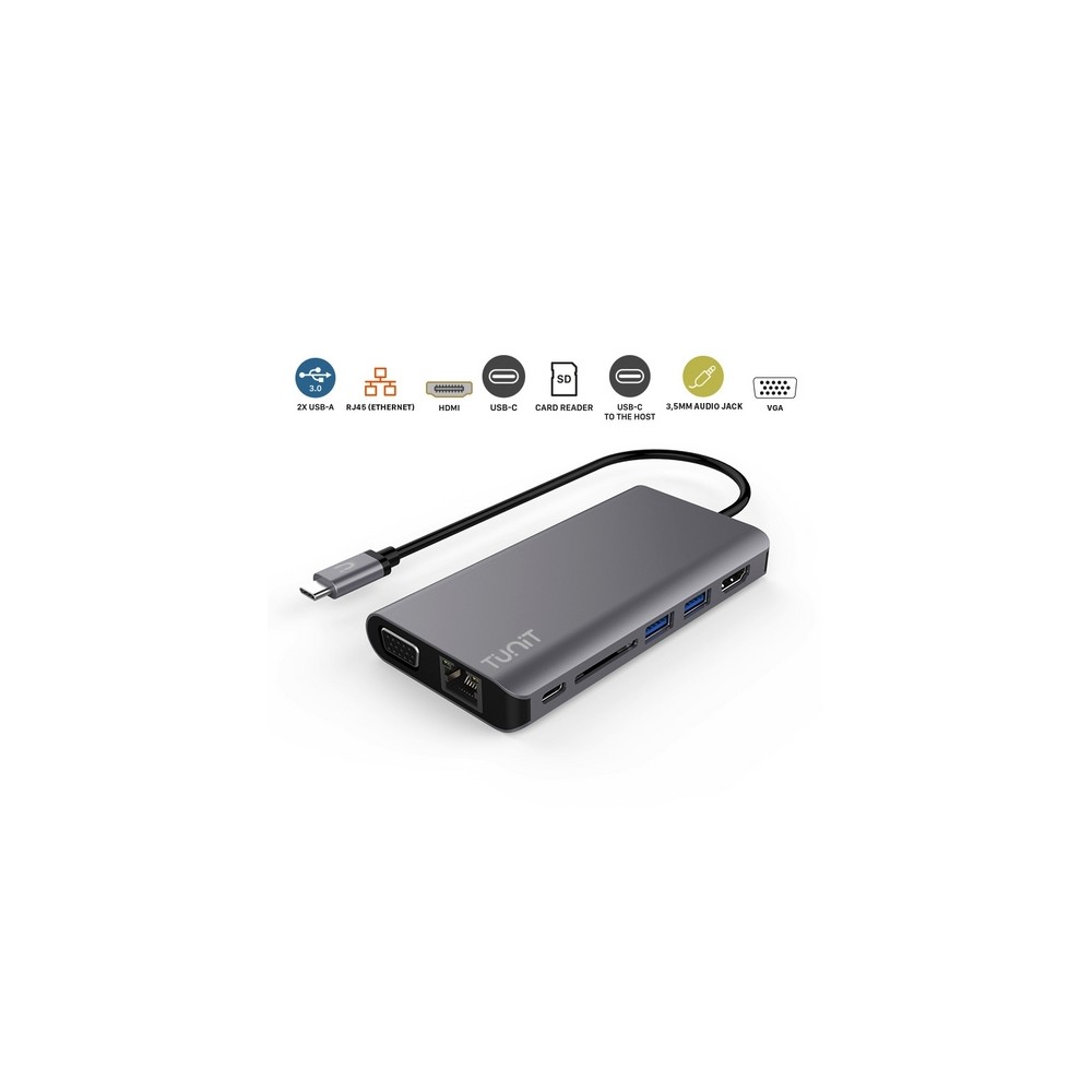 TUNIT Hub USB-C 8 in 1 in alluminio con power delivery - Grigio siderale - Bulk Soddisfazione Garantita